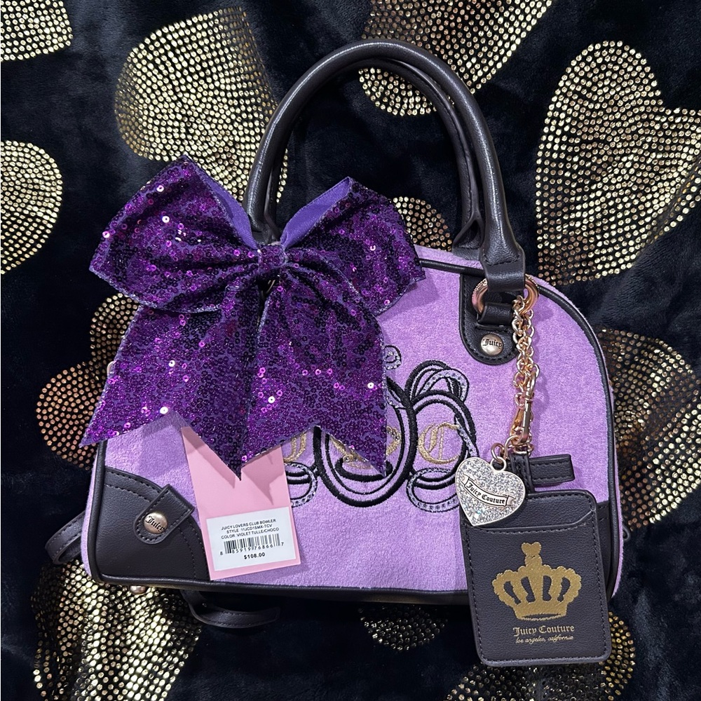 Juicy Couture Purple Sequin Bow Dome Satchel with Black Trim